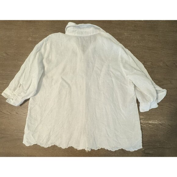 Edward Linen 100% Irish 2X Plus Size Embroidered Scallop hem Button white Top - Picture 7 of 12